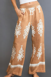 Border Print Wide Leg Pants Umgee MOCHA S